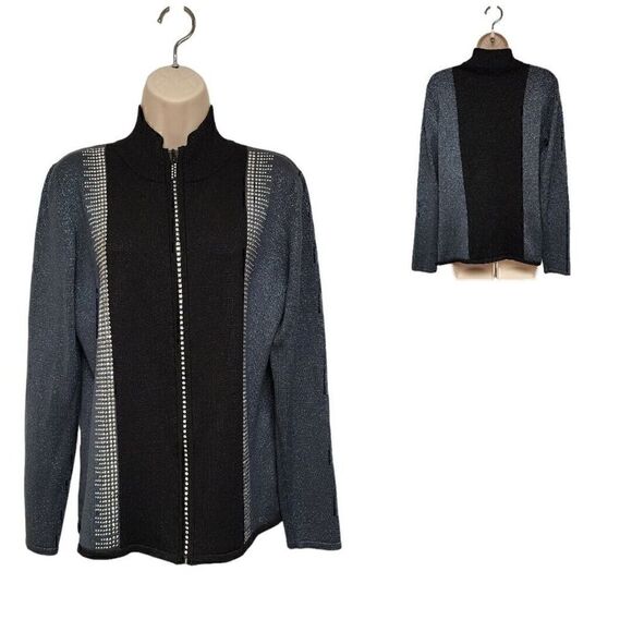 Fontana Black Ribbed Shimmer Jeweled Zip Up Sweater Size Medium - Picture 1 of 5